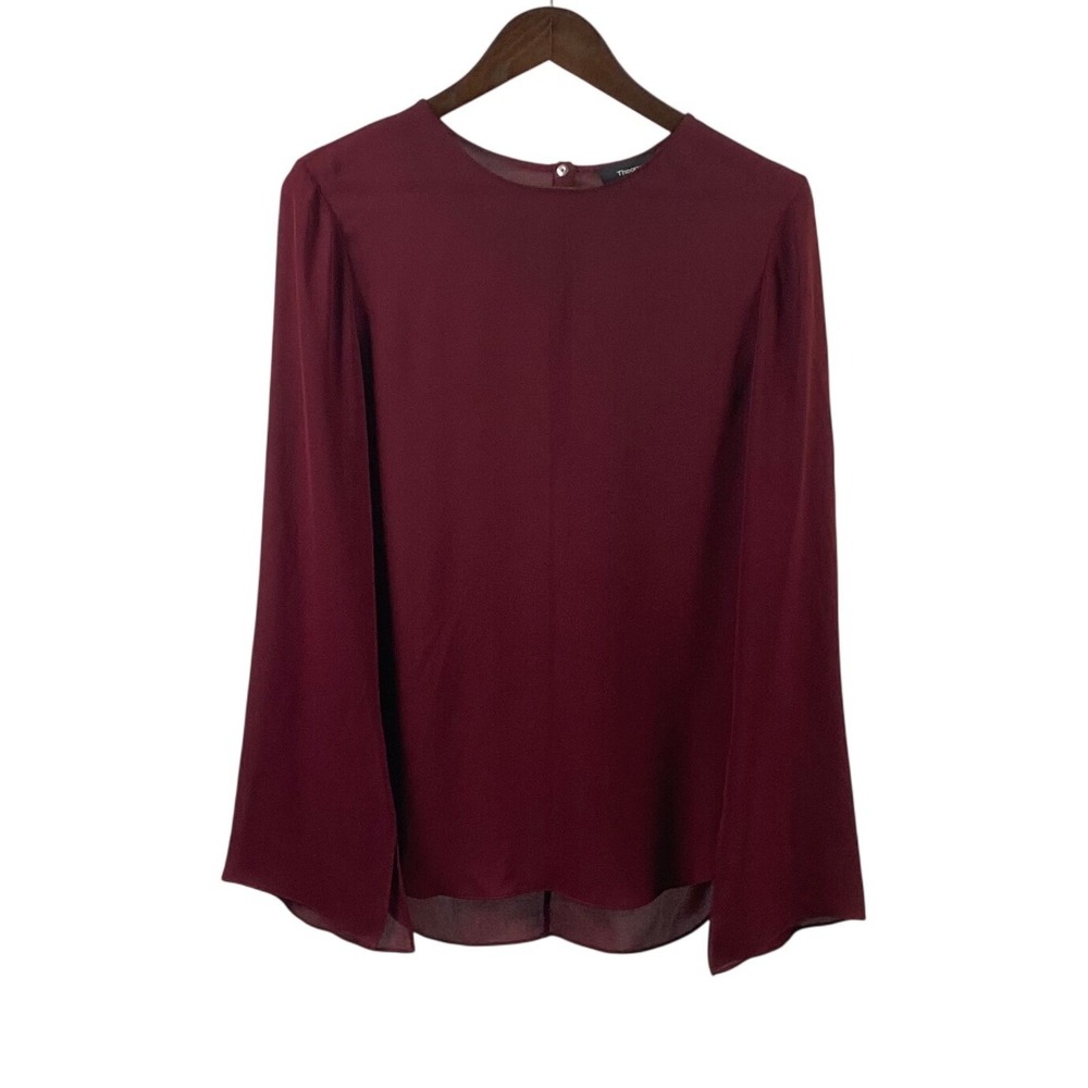 Theory Women Burgundy Split Bell Cuff Long Sleeve 100% Silk Blouse Size M Maroon